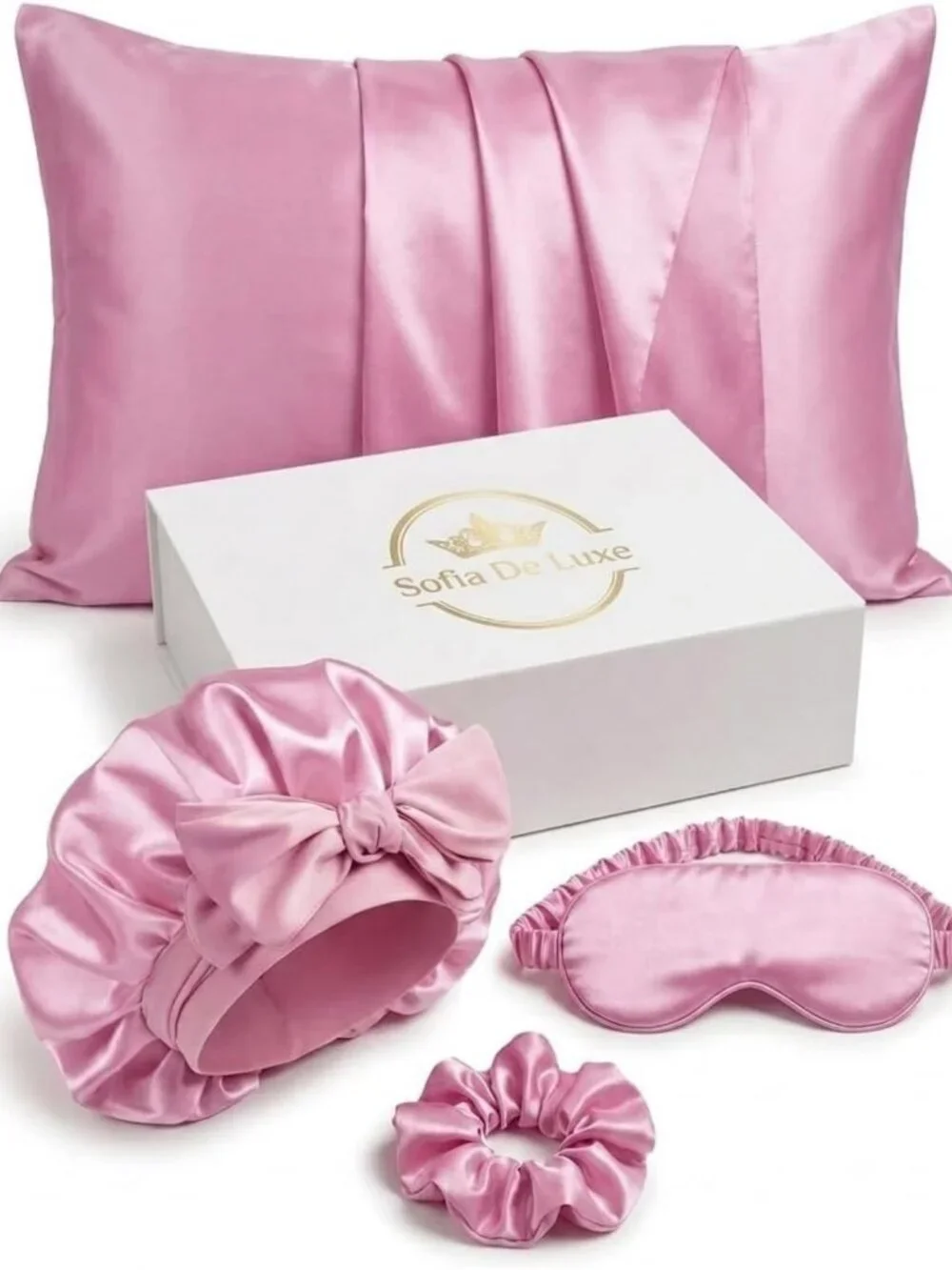 Luxury Satin Sleep Set Gift Box - Hair Bonnet, Eye Mask, Pillowcase & Scrunchie